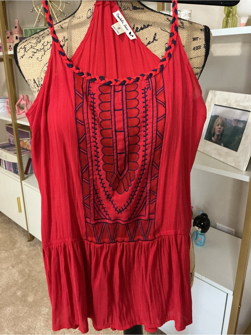 Double Zero Red Embroidered Halter Peplum Top